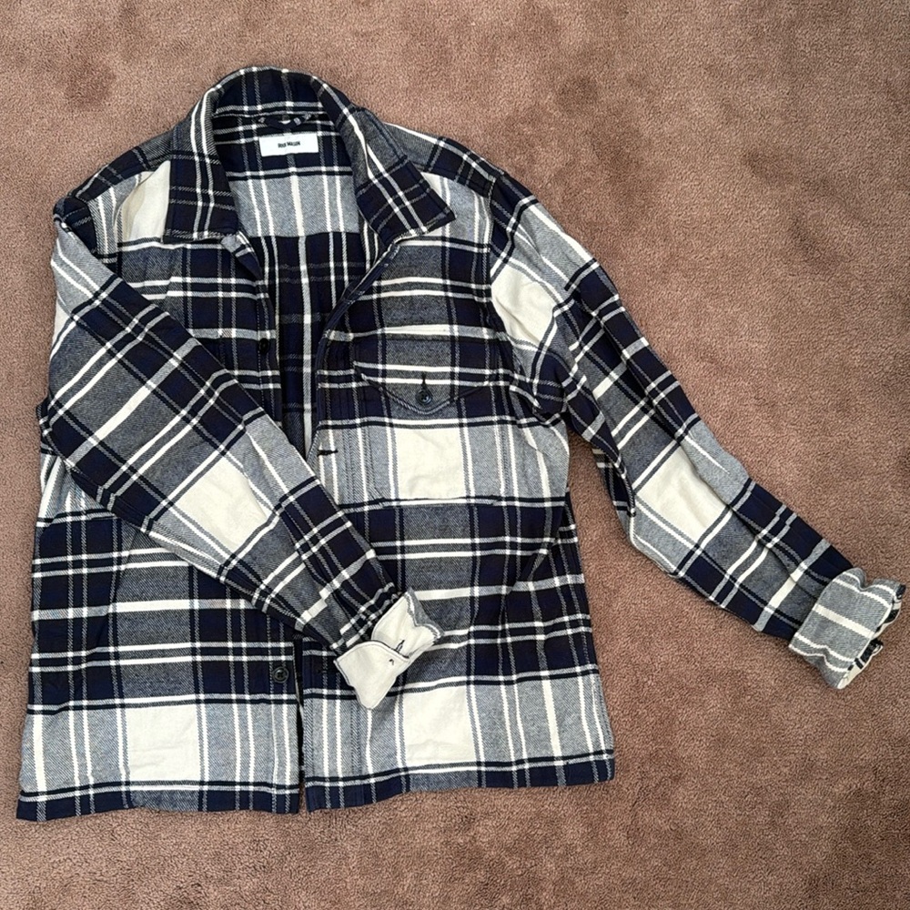 Buck Mason Natural/Navy Plaid Blanket Flannel Field Jacket Size L